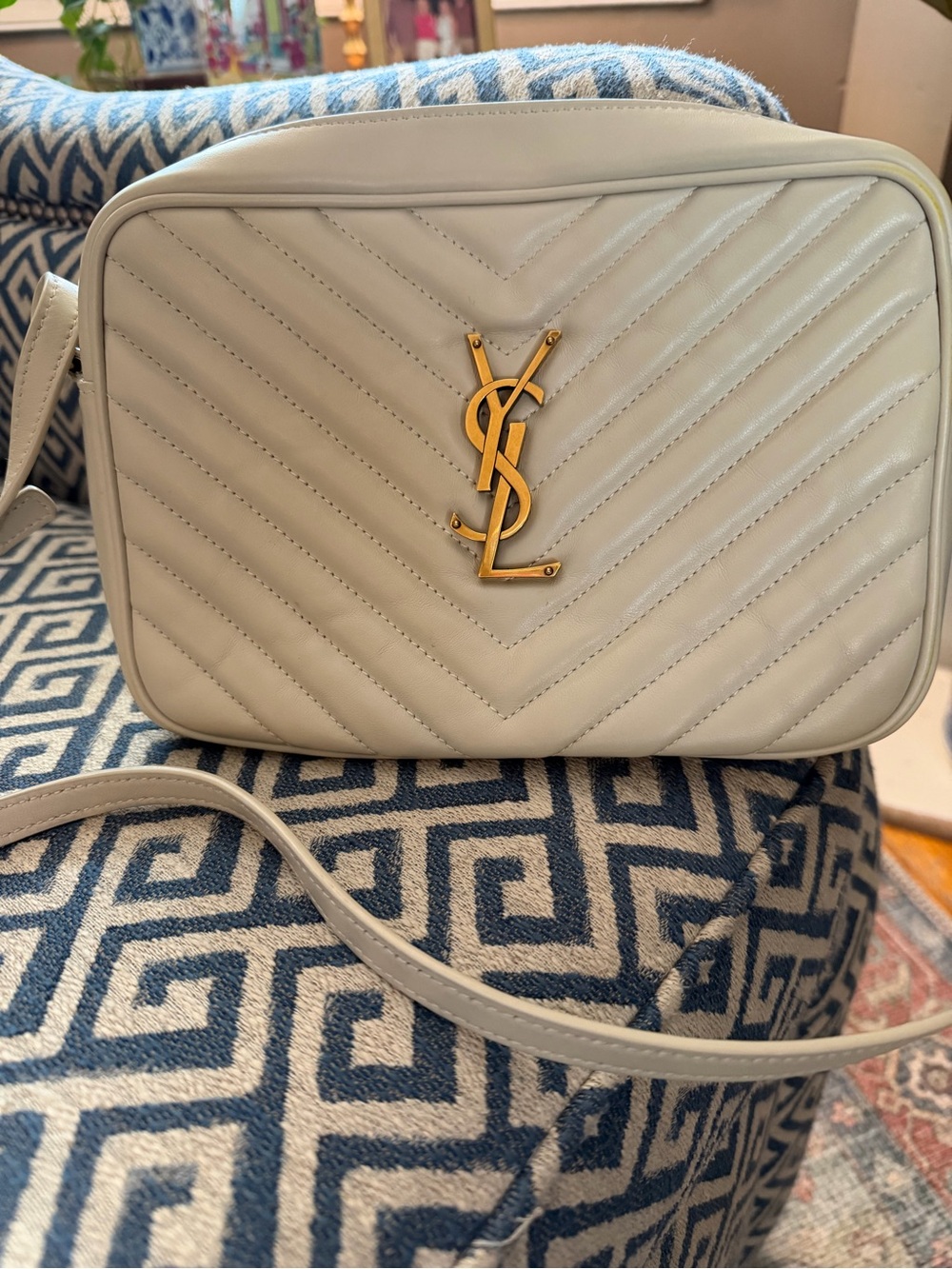Saint Laurent Quilted Leather Camera Crossbody in cream with Gold YSL